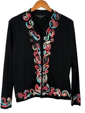 Ming Wang Knit Jacket Abstract Swirl Applique Artsy Party Long Sleeve EUC Size L